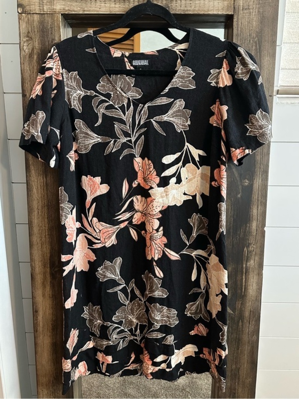 Linen Blend Floral mini shift dress M Original Nicole Miller Black Pink